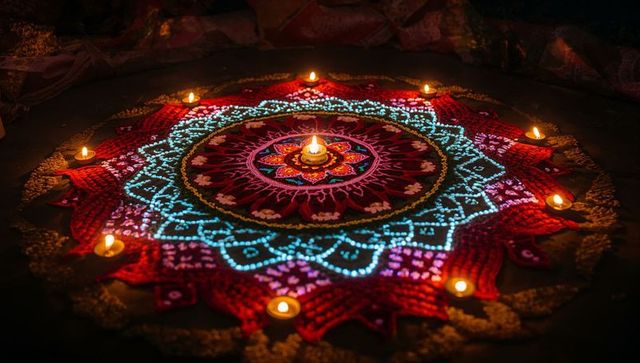 Intricate rangoli design with illuminating diyas for festival celebration