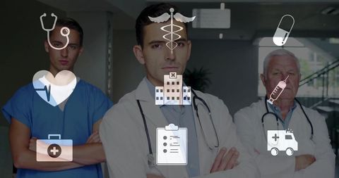 Medical team standing with arms crossed in hospital corridor with healthcare icons overlay