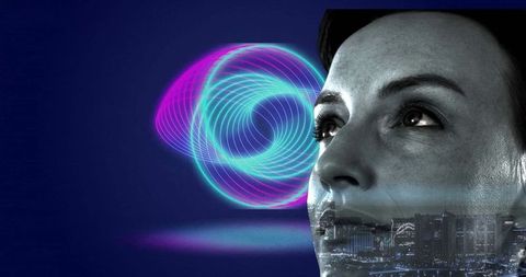 Woman Dreaming of Digital Future with Neon and City Lights