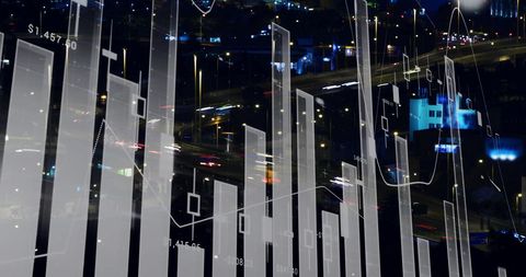 Financial Data and Cityscape Overlay at Night - Download Free Stock Images Pikwizard.com
