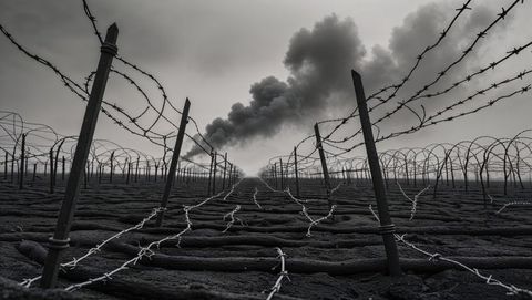 Desolate first world war battlefield with barbed wire under smoky landscape