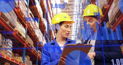 Female Warehouse Supervisors Reviewing Inventory with Data Visualization Overlay