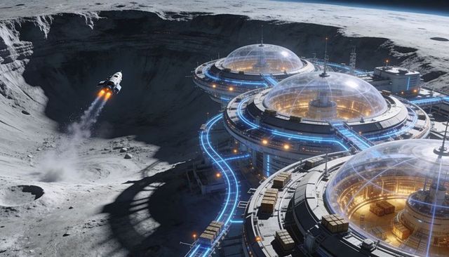 Futuristic domed lunar base on crater rim with illuminated transit tubes and rocket