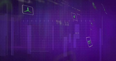 Displaying purple energy data interface with neon-green turbine, lightning and CO2 icons