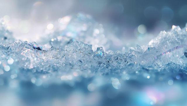 Glittering ice crystals with frost formation on frozen surface