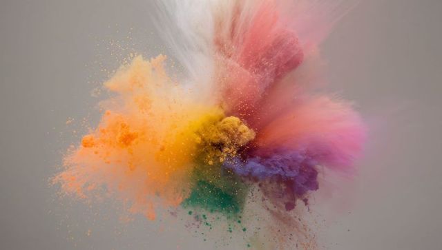 Bursting color powder explosion radiating vibrant multicolor plume with yellow-gold core