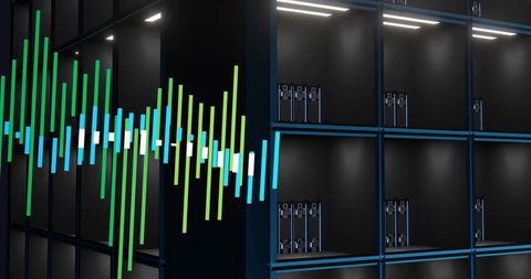 Displaying vertical waveform overlaying blue-framed server racks in modern datacenter