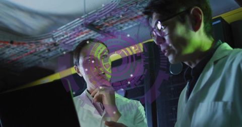 Two Scientists Collaborating with Futuristic Holographic Interface in Server Room