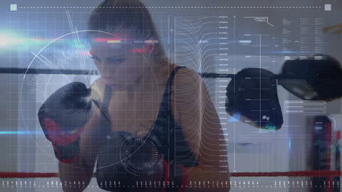 Female Boxer Training with Futuristic Data Overlay
