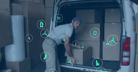 Warehouse worker loading parcels into delivery van with green logistics and sustainability icons