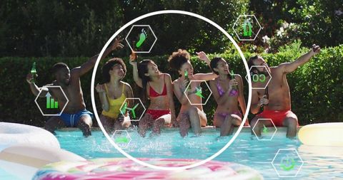Friends Enjoying Pool Party, Cheering with Drinks and Taking Selfie by Sunlit Backyard Pool