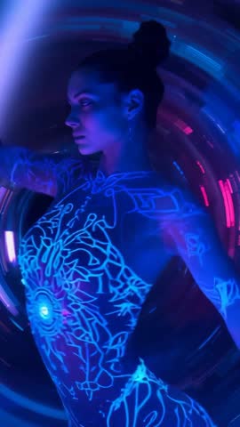 Performer dancing in glowing neon bodysuit through rotating LED tunnel, cyberpunk vertical motion