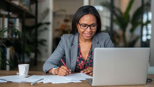 Smiling professional woman reviewing documents and working on laptop in modern office