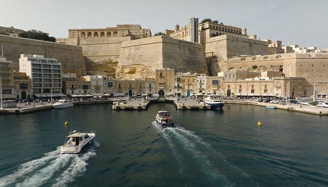 Passenger ferry departing historic mediterranean harbor with limestone fortified waterfront
