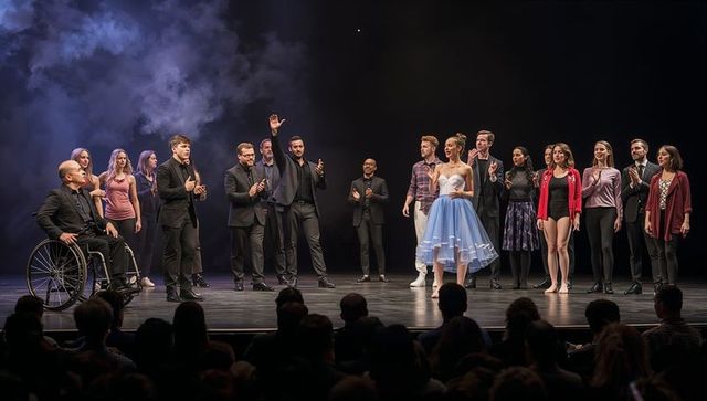 Diverse theater ensemble taking curtain call amidst applause