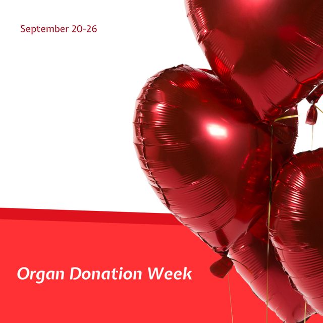 Digital composite image of red heart shape balloons with organ donation week text, copy space. Spread awareness, importance of organ donation, encourage people, donate healthy organs after death.