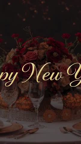 Glowing Gold Cursive Happy New Year Overlay Hovering Over Rose Centerpiece on Luxury Tablescape