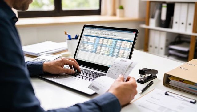 Office professional comparing receipts and updating spreadsheet on laptop for bookkeeping