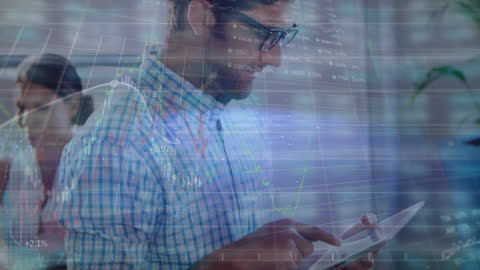 Double Exposure of Businessman Analyzing Financial Data on Tablet