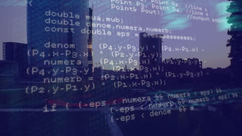 Data Processing Overlay on Cityscape at Dusk