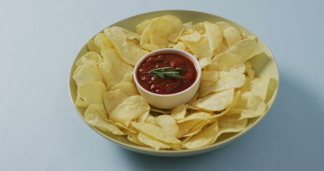 Close up of potato chips in a bowl with sauce on blue surface - Download Free Stock Photos Pikwizard.com