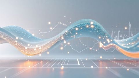 Futuristic digital wave with glowing nodes and data figures