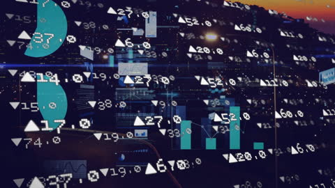 Digital Interface with Data Visuals Over Night Cityscape
