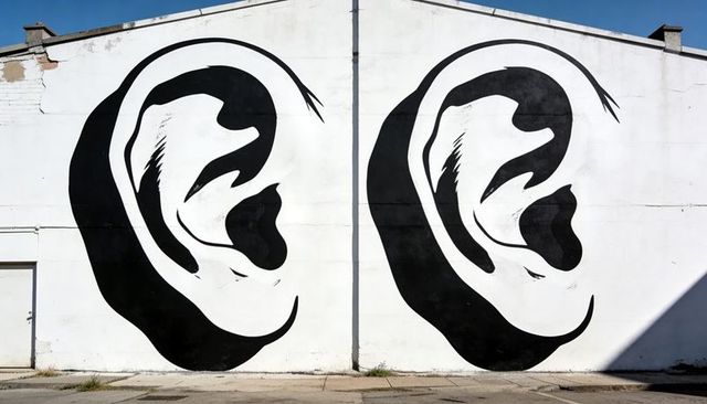 Oversized twin ear mural covering white industrial facade monochrome street art statement