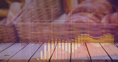 Overlaying Sales Data Visualization with Rising Bar Chart over Rustic Bakery Tabletop