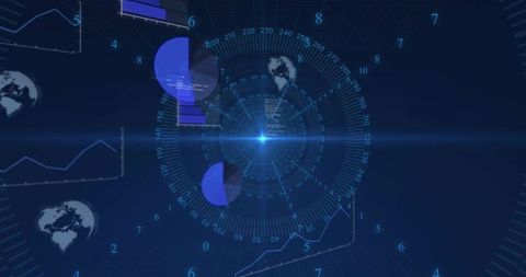 Futuristic Blue HUD Dashboard Showing Radial Data Visualization, Radar Rings and Globe Icons