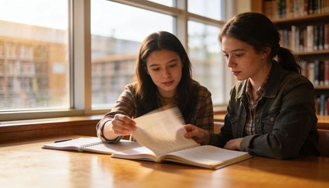 Two Students Studying Together Flipping Notebook on Sunlit Wooden Table in Library