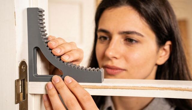 Woman measuring door frame gap with serrated alignment tool for diy door repair at home