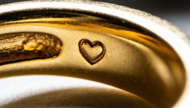 Macro close-up gold ring inner band showing heart hallmark, scratches and patina