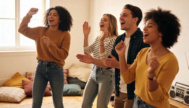 Multiracial friends singing and clapping in cozy apartment living room at casual gathering