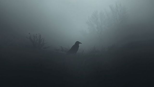 Solitary Crow Perching in Eerie Foggy Environment