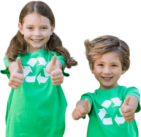 Happy Siblings Promoting Recycling with Thumbs Up Gesture Transparent