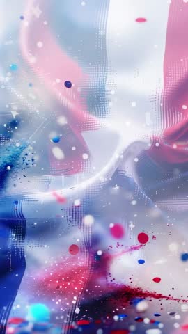 Vertical abstract motion rippling red white blue brush strokes with particles and sparkles