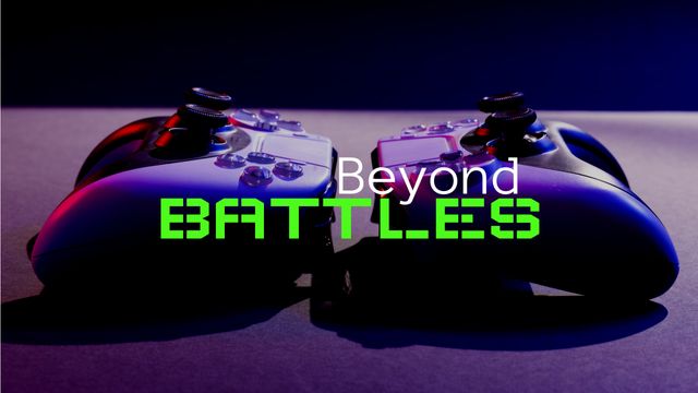 Two game controllers symbolize competitive gaming and teamwork under text saying 'Beyond Battles.' Ideal for promoting esports events, gaming tournaments, or competitive gaming leagues.