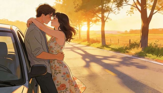 Couple embracing on country road at sunset with floral sundress and white sedan