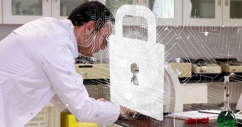 Scientist in laboratory with digital security overlay