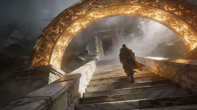 Cloaked wanderer ascending marble stairs beneath ornate golden arch toward ancient temple