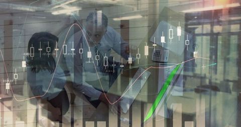 Business meeting with financial data graphics overlay