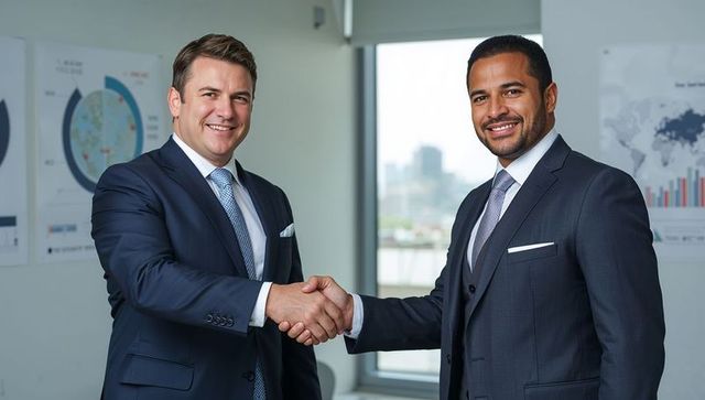 Businessmen shaking hands in office with charts and window corporate partnership