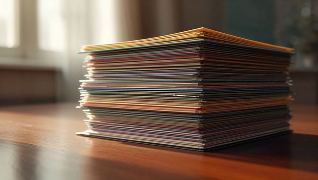 Stack of vibrant multicolored paper sheets near sunny window