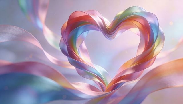 Pastel ribbon heart flowing satin streamers with dreamlike bokeh sparkles