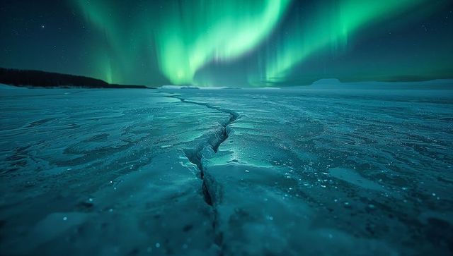 Stunning Aurora Borealis Over Icy Cracked Lake