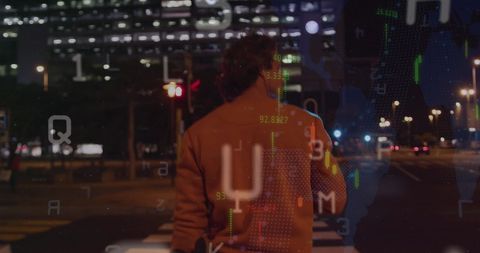 Businessman with Digital Financial Data Overlay in Urban Night View