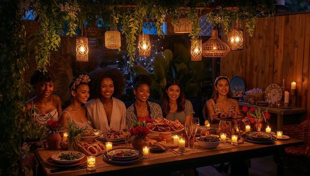 Candlelit outdoor dinner party six friends sharing food, wine, warm lantern glow