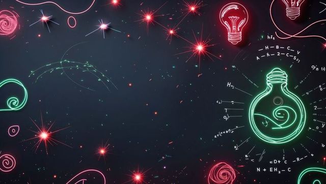 Futuristic neon lightbulb with cosmic elements and formulas