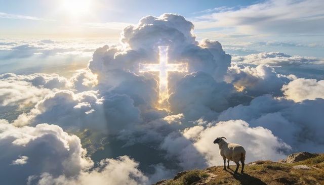 Sheep standing on alpine ridge gazing at glowing cloud cross at sunrise